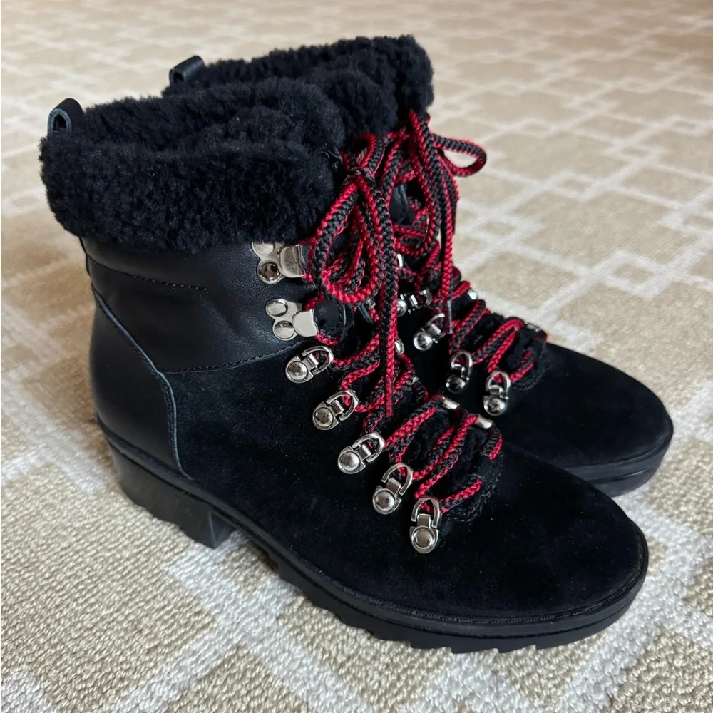 Marc Fisher Suede Faux Fur Fall Winter Boots Lace-Up Lug Sole Black Red Size 5.5